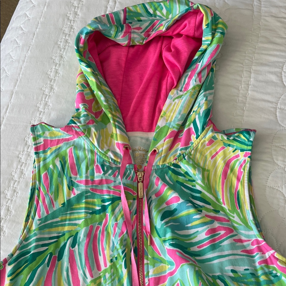 Lilly Pulitzer Pink Green Multi Hooded Sleeveless Zip Vest